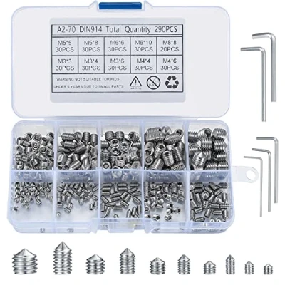 Image of 290 Pcs Cone Cup Point Grub Screws, M3/M4/M5/M6/M8 Hex Head Socket Screws Set Assorted, Mixed Stainless Steel Metric Threads with Internal Drive for Door Handles, 5 Allen Key