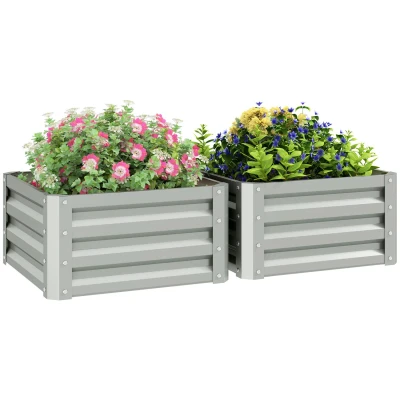 Image of Outsunny Set of 2 Raised Garden Bed, Outdoor Planter Box with Galvanised Steel Frame for Growing Vegetables, Flowers and Herbs, 60 x 30.5 cm, Light Grey