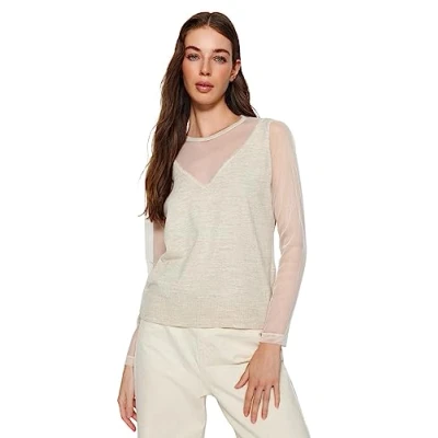 Image of Trendyol FeMan Slim fit Basic Crew Neck Knitwear Sweater,Beige,S