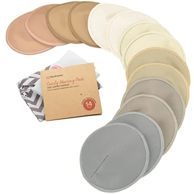 Image of KeaBabies Organic Bamboo Nursing Breast Pads 14 Washable + Wash Bag Breastfeeding Nipple for Maternity Reusable (Earth, Large 4.8&quot;)