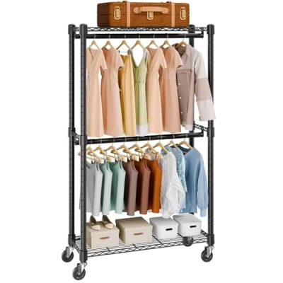 Image of VEVOR Heavy Duty Clothes Rack, Double Hanging Rods Clothing Garment Rack with Bottom and Top Storage Tier, Rolling for Clothes, 1&#039;&#039; Diameter Thicken Steel Tube Hold Up to 300Lbs
