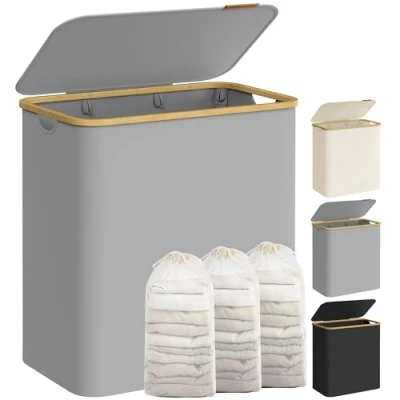 Image of SONGMICS Laundry Basket with Lid, 3 Section Large Hamper, 150L, Removable Mesh Liner, Oxford Fabric, Bamboo Handles, Collapsible, 60 x 38.5 70.5 cm, Dove Grey LCB515G01