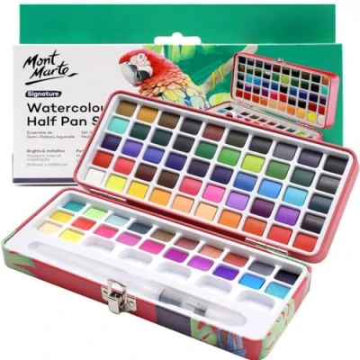 Image of MONT MARTE Watercolor Set Signature 73pcs, Including 50 Bright and 22 Metallic Colors with Translucent Finish, Ideal for Artists, Hobbyists Adults, Mixing Wells &amp; Refillable Round Paint Brush