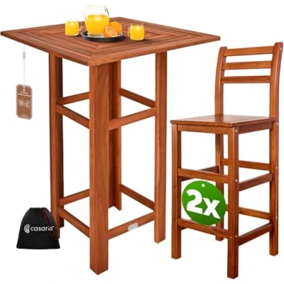 Image of CASARIA® Wooden Bar Table Set with 2x High Stools Backrest Outdoor Indoor Solid Acacia Wood 110x75x75cm Weatherproof Rustic Garden Balcony Patio Furniture