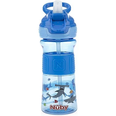 Image of Nuby Thirsty Kids Push Button Flip it Soft Spout on The Go Water Bottle with Easy Grip Band, Blue Sharks, 12 Oz