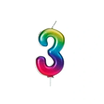 Image of Anniversary House Age 3 Metallic Numeral Moulded Pick Candle Rainbow
