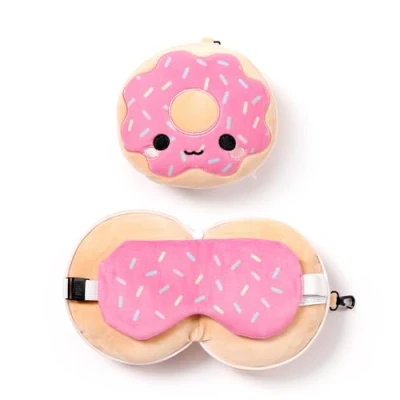 Image of Relaxeazzz Adorasnacks Donut Round Plush Travel Pillow &amp; Eye Mask Sleep Masks Kids Accessories For Sleeping Airplane Flight Plane Neck Pillows