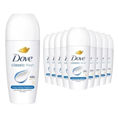 Image of Dove Roll On Classic Antiperspirant up to 48H of Sweat and Odour Protection with Long Lasting Fresh Clean Fragrance Travel Size Deodorant For Women, 50ml Pack 12