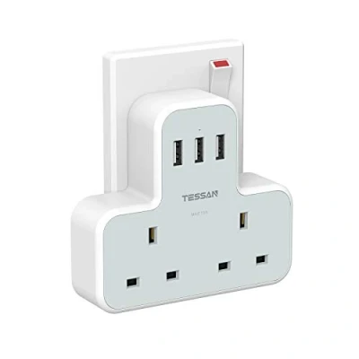 Image of Plug Adapter with 3 USB Plug, TESSAN Double Adaptor Extension 2 Way Multi Charger Slim Multiple Socket UK for Kitchen, Office, School Supplies