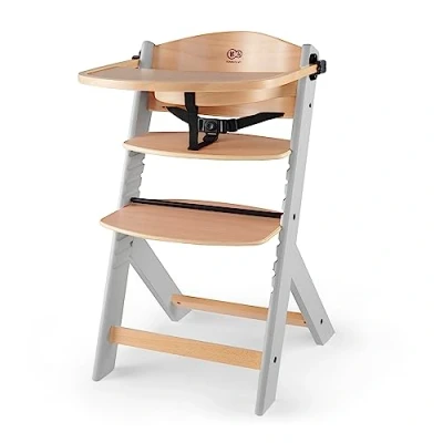 Image of Kinderkraft Wooden Highchair 3 in 1 ENOCK, Multifunctional Baby Chair, Ajustable Heigh and Footrest, Safety Harness, with Detachable Tray, for Children up to 10 Years, Gray