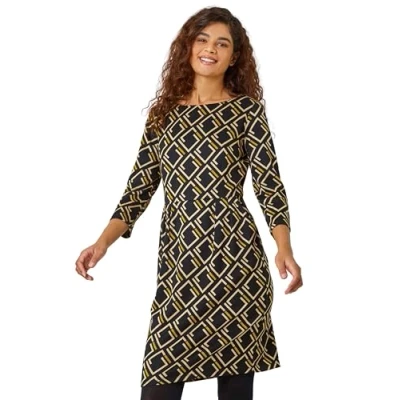 Image of Roman Originals Shift Dress with Pockets for Women UK Ladies Summer Autumn Winter Smart Casual Work Short 3/4 Sleeve Tunic Knee Length Pleated Gathered Waist Tea Loose Yellow Size 18