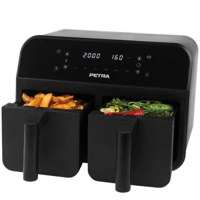 Image of Petra PT4750BLK 7.4L Dual Air Fryer Removable Non Stick Cooking Drawers, Sync &amp; Match Functions, XL Frying Trays, Adjustable Temperature, Digital LED Display, 6 Presets and 60 Minute Timer, 2400W
