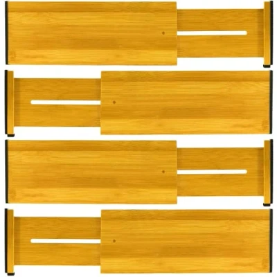 Image of Natural Bamboo Drawer Divider, Adjustable (43 56 cm), Sprung Drawers Organiser System, for Kitchen, Bathroom, Bedroom, Dresser and Office, Set of 4