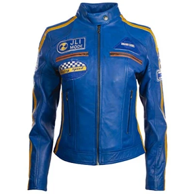 Image of Aviatrix Women&#039;s Super Soft Real Leather Band Collar Patch Fashion Biker Jacket (QOOC) 3XL Electric Blue