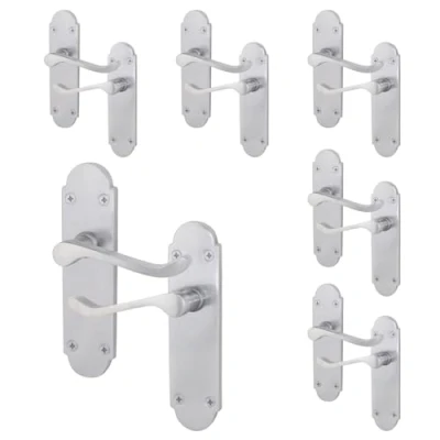 Image of EAI Satin Door Handles Victorian Scroll Shaped 6 Pairs of Internal Chrome Lever Latch on Backplate