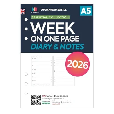 Image of 2026 A5 size week on one page diary &amp; lined notes organiser refill insert Filofax COMPATIBLE English UK holidays