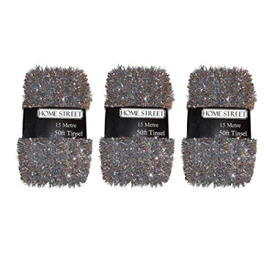 Image of Homestreet Extra Long 15 metre, 50 foot Christmas Tinsel in a choice of Red, Silver or Gold Xmas Decoration (3 Pk Silver)