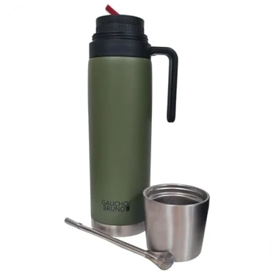 Image of Gaucho Bruno 3 in 1 Yerba Mate Flask Thermal Litre Drink Container with Precision Pour Spout, Lid That Doubles as a Cup and Bombilla Insulated for Hot &amp; Cold Beverage Stainless Steel