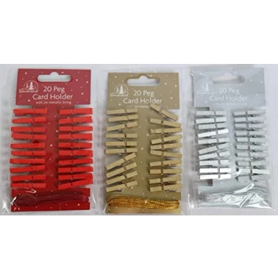Image of Tallon International Pack of 20 Wooden Peg Christmas Card Holders With Metallic String Festive Colours Decoration