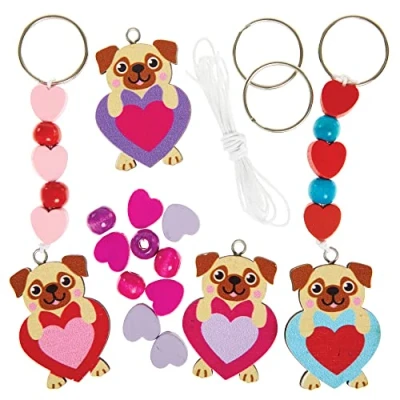 Image of Baker Ross FX371 Love Heart Pug Keyring and Bag Dangler Kits Pack of 4, Valentine&#039;s Day Craft Kit for Kids