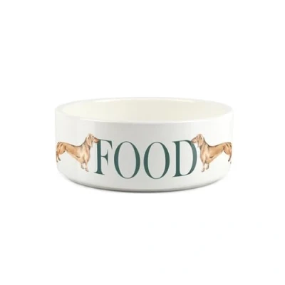 Image of Small Ceramic Pet Bowl Dachshund Sausage Dog Food White Dish For Dogs