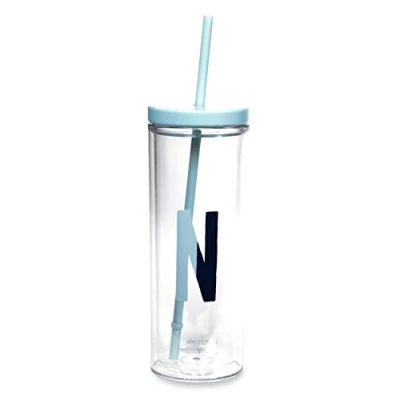 Image of Kate Spade New York Insulated Initial Tumbler with Reusable Straw, 20 Ounce Acrylic Travel Cup Lid, N (Blue)