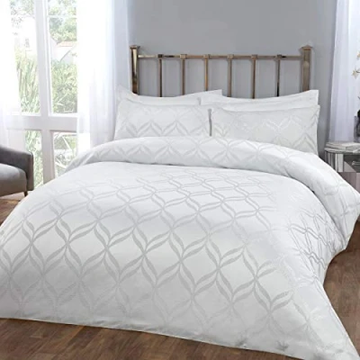 Image of Sleepdown Super Soft Curved Geometric Luxury Lurex Jacquard White Easy Care Cosy Duvet Cover Quilt Bedding Set with Pillowcases Double (200cm x 200cm), Polyester