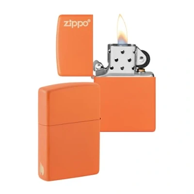 Image of Zippo Windproof Lighter Logo &amp; Flame Orange Matte Finish Refillable for Lifetime Use Adjustable Gift Box Metal Construction Made in USA