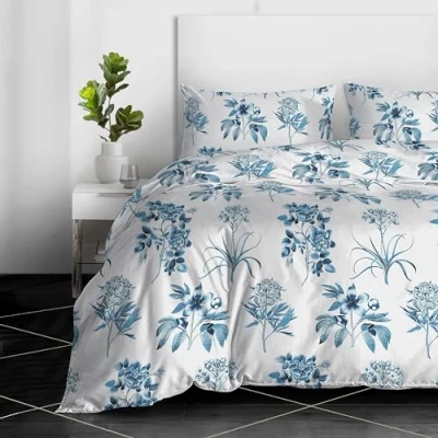 Image of RAYBedding 2PCS Single Duvet Set 100% Egyptian Cotton Bedding Bed 400 Thread Count Floral Printed Blue Cover with Pillow Case
