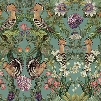 Image of Holden Mirrored Bird Wallpaper Modern for Living Room, Bedroom, Fireplace Decorative Luxury Wall Paper with Tropical Birds, Flowers, Leaves &amp; Pattern (Teal Holden)