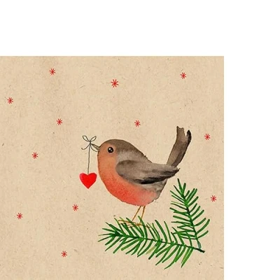 Image of 20 Small Cocktail Napkins Recycled Paper Christmas Bird with Heart on Branches as Table Decoration Motif Also for Decoupage and 25 x cm