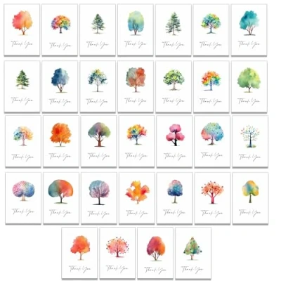 Image of 32 Thank You Greeting Cards with Different Designs on the Front Kraft Brown Envelopes Included (Trees)