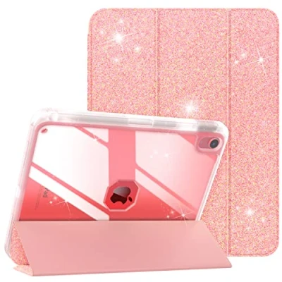 Image of TiMOVO for iPad 10th Generation Case 2022 with Pencil Holder, 10.9 Inch Slim Tri fold Stand Protective Cover Clear Transparent Back Shell Gen, Glitter Light Pink