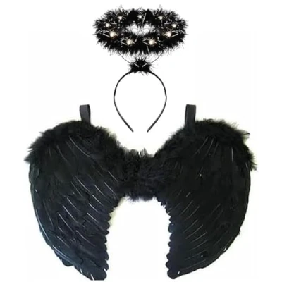 Image of jokeshop Black LED Light Up Halo &amp; Feather Wings Angel Demon Fairy Fancy Dress Christmas Halloween Cosplay Costume