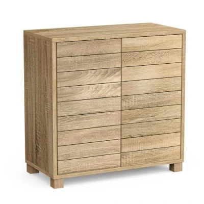 Image of VonHaus Bathroom Storage Cabinet Oak Wood Effect Floor with Handleless Design Standing Cupboard Towel Unit for Bathroom, Kitchen &amp; Hallway Chester