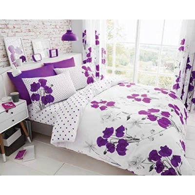 Image of GC GAVENO CAVAILIA Luxury Geometric Duvet Cover Quilt Set with Pillow Case, Reversible, Poly Cotton Bedding, Polycotton, Poppy Aubergine, Double