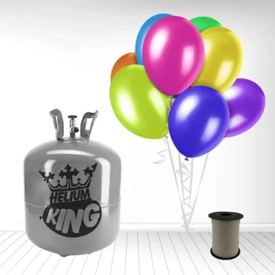 Image of Disposable Helium Gas Cylinder with Assorted Balloons and Curling Ribbon included (Disposable 50 Balloons, Any Occasion)
