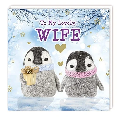 Image of Christmas Card To My Wife Cute Penguins Glitter Foil Finish