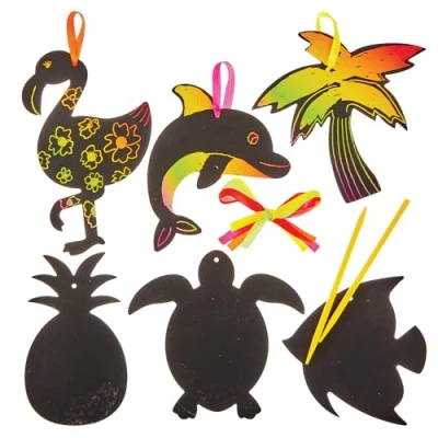 Image of Baker Ross FN173 Tropical Scratch Art Decoration Kits Pack of 15, Craft for Kids