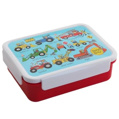 Image of Tyrrell Katz Kids Trucks Printed Large Bento Lunch Box in Blue Children&#039;s Food Container with Clip Lock Lid and Removable Inner Dividers 18.5 x 14.5 6.0 cm