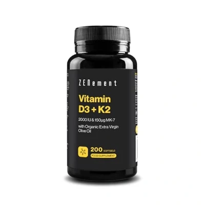Image of Vitamin D3 + K2, Cholecalciferol (2000 IU) &amp; MK 7 (150μg), 200 Softgels with Organic Extra Virgin Olive Oil Bones, Muscles Immune System 100% Natural Ingredients, No Additives Zenement