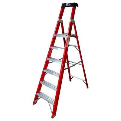 Image of Excel Electricians fibreglass step ladder 3/4/5/6/8 Tread EN131 Heavy Duty 6 Treads ladder, foldable folding lightweight (6 Tread, Red Color)