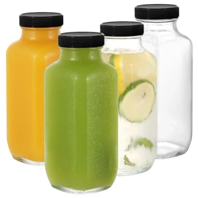 Image of LIMILI Glass Bottles with Lids, 4 pcs Juice 500ml, Reusable Wide Mouth Clear for Milk, Hot Cold Drinks, Homemade Beverages