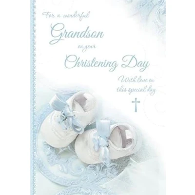 Image of Grandson on Your Christening Day Card from The Sentiments Range White Shoes Flitter Finish