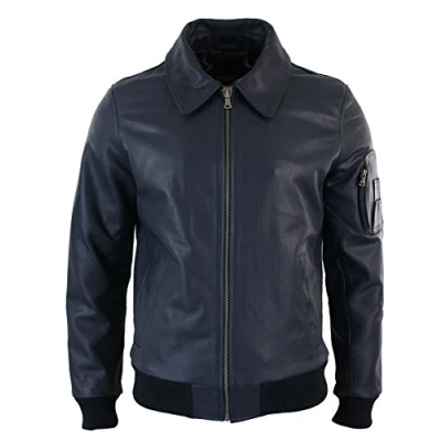 Image of Mens Genuine Real Leather Harrington Bomber MA1 Classic Pilot MOD Jacket Navy
