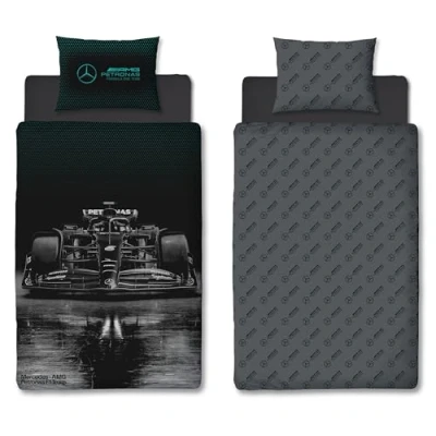 Image of Character World Mercedes AMG Petronas Official Single Duvet Cover Set, Stealth Design Black Reversible 2 Sided Formula One Bedding Merchandise Including Matching Pillow Case