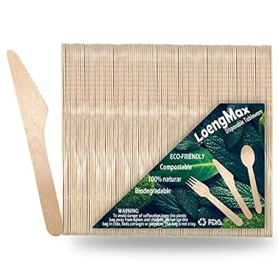 Image of LoengMax Disposable Wooden Knives 100PCS 6&quot; Length Wood Cutlery Utensils