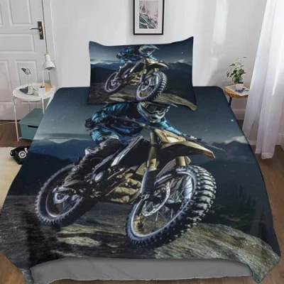 Image of Motocross 3D Print Duvet Cover Set Bedding Racing Car Quilt Microfiber with Zipper Closure Comforter Pillow3 Pcs for Kids Teens Adults Single（135x200cm）