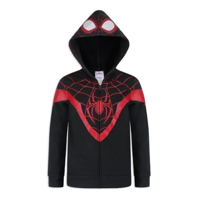 Image of Marvel Miles Morales Spider Man Boys Zip Up Hooded Sweatshirt for Toddlers, and Big Kids Black/Red