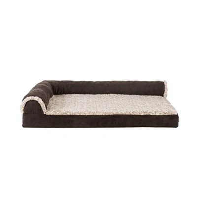 Image of Furhaven Cooling Gel Dog Bed For Medium/Small Dogs w/Removable Bolsters &amp; Washable Cover, Up to 35 lbs Two Tone Plush Faux Fur Suede L Shaped Chaise Espresso, Medium